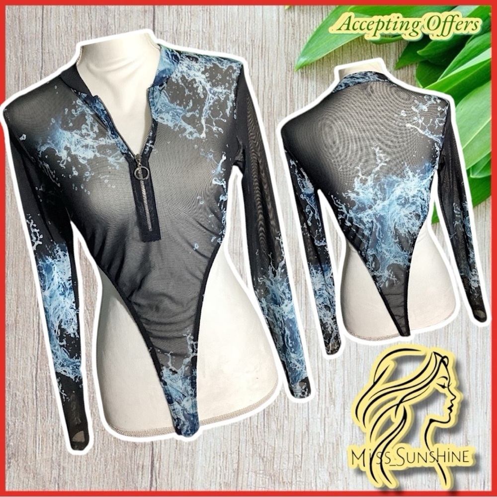 Kimcine Curve - Sz S - high leg sexy bodysuit mesh with electric blue pattern